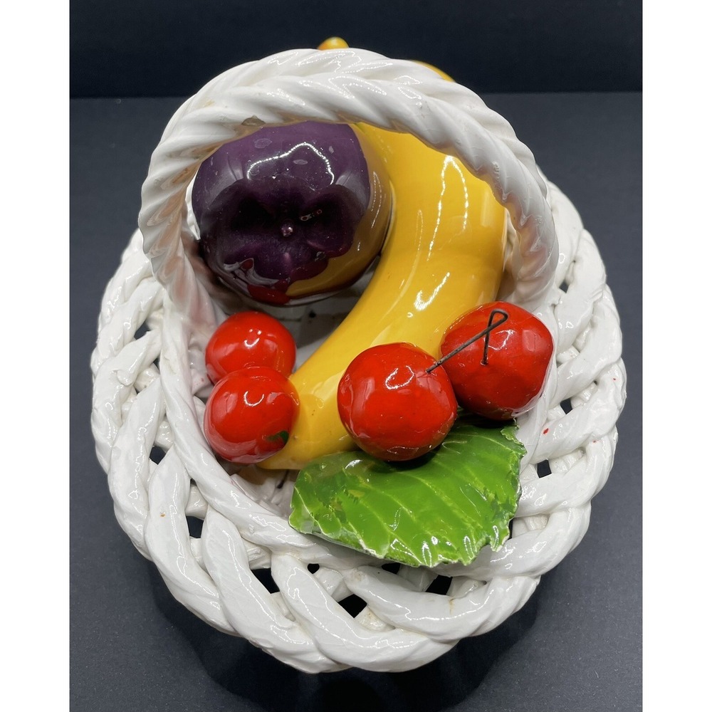 Vintage Capodimonte Porcelain Fruit Basket Plum Cherries Banana. Made‎ in Italy - Picture 3 of 5